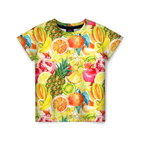 Детская футболка 3D с принтом Веселые фрукты 1 в Белгороде, 100% гипоаллергенный полиэфир | прямой крой, круглый вырез горловины, длина до линии бедер, чуть спущенное плечо, ткань немного тянется | апельсин | арбуз | банан | виноград | груша | киви | овощи | питание | ппп | правильное | тайланд | фрукт | яблоко