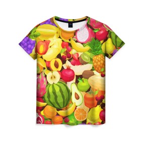 Женская футболка 3D с принтом Веселые фрукты в Белгороде, 100% полиэфир ( синтетическое хлопкоподобное полотно) | прямой крой, круглый вырез горловины, длина до линии бедер | апельсин | арбуз | банан | виноград | груша | киви | овощи | питание | ппп | правильное | тайланд | фрукт | яблоко