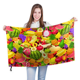 Флаг 3D с принтом Веселые фрукты в Белгороде, 100% полиэстер | плотность ткани — 95 г/м2, размер — 67 х 109 см. Принт наносится с одной стороны | апельсин | арбуз | банан | виноград | груша | киви | овощи | питание | ппп | правильное | тайланд | фрукт | яблоко