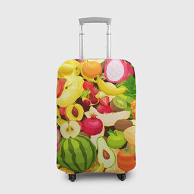 Чехол для чемодана 3D с принтом Веселые фрукты в Белгороде, 86% полиэфир, 14% спандекс | двустороннее нанесение принта, прорези для ручек и колес | апельсин | арбуз | банан | виноград | груша | киви | овощи | питание | ппп | правильное | тайланд | фрукт | яблоко