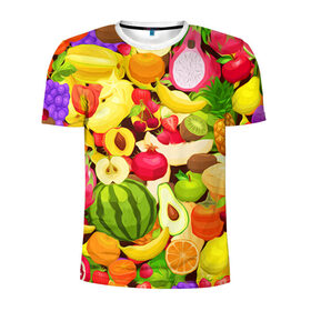 Мужская футболка 3D спортивная с принтом Веселые фрукты в Белгороде, 100% полиэстер с улучшенными характеристиками | приталенный силуэт, круглая горловина, широкие плечи, сужается к линии бедра | Тематика изображения на принте: апельсин | арбуз | банан | виноград | груша | киви | овощи | питание | ппп | правильное | тайланд | фрукт | яблоко