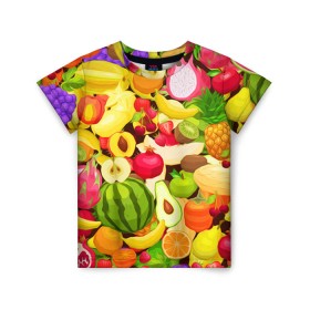 Детская футболка 3D с принтом Веселые фрукты в Белгороде, 100% гипоаллергенный полиэфир | прямой крой, круглый вырез горловины, длина до линии бедер, чуть спущенное плечо, ткань немного тянется | Тематика изображения на принте: апельсин | арбуз | банан | виноград | груша | киви | овощи | питание | ппп | правильное | тайланд | фрукт | яблоко