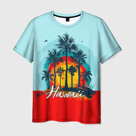 Мужская футболка 3D с принтом HAWAII 6 в Белгороде, 100% полиэфир | прямой крой, круглый вырез горловины, длина до линии бедер | hawaii | гаваи | лето | океан | отдых | пальмы | пляж | серф