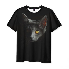 Мужская футболка 3D с принтом Кошачий взгляд в Белгороде, 100% полиэфир | прямой крой, круглый вырез горловины, длина до линии бедер | Тематика изображения на принте: глаз | киска | кот | котёнок | кошка | прикольные картинки | темнота | тьма