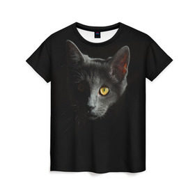 Женская футболка 3D с принтом Кошачий взгляд в Белгороде, 100% полиэфир ( синтетическое хлопкоподобное полотно) | прямой крой, круглый вырез горловины, длина до линии бедер | Тематика изображения на принте: глаз | киска | кот | котёнок | кошка | прикольные картинки | темнота | тьма