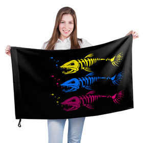 Флаг 3D с принтом Рыбалка в Белгороде, 100% полиэстер | плотность ткани — 95 г/м2, размер — 67 х 109 см. Принт наносится с одной стороны | art | bubbles | fish | fishing | river | skeleton | water | арт | вода | пузыри | река | рыба | рыбалка | скелет