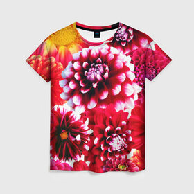 Женская футболка 3D с принтом Яркие цветы в Белгороде, 100% полиэфир ( синтетическое хлопкоподобное полотно) | прямой крой, круглый вырез горловины, длина до линии бедер | красный | лепестки | прикольные картинки | цветочки | цветы