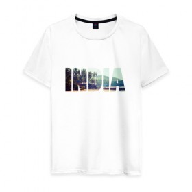 Мужская футболка хлопок с принтом INDIA в Белгороде, 100% хлопок | прямой крой, круглый вырез горловины, длина до линии бедер, слегка спущенное плечо. | Тематика изображения на принте: 