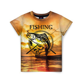 Детская футболка 3D с принтом Рыбалка в Белгороде, 100% гипоаллергенный полиэфир | прямой крой, круглый вырез горловины, длина до линии бедер, чуть спущенное плечо, ткань немного тянется | Тематика изображения на принте: boat | clouds | emblem | fish | fishermen | fishing | logo | nature | net | reflection | river | sky | sturgeon | sun | sunset | water | wave | вода | волна | закат | логотип | лодка | небо | облака | осетр | отражение | природа | река | рыба | рыбаки | р