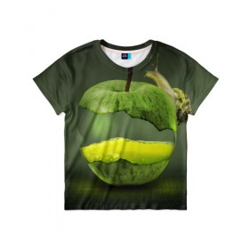 Детская футболка 3D с принтом Яблоко в Белгороде, 100% гипоаллергенный полиэфир | прямой крой, круглый вырез горловины, длина до линии бедер, чуть спущенное плечо, ткань немного тянется | арт | зеленый | новые | улитка | фантастика | фрукты | яблоко