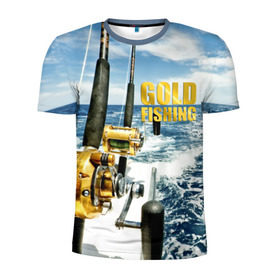 Мужская футболка 3D спортивная с принтом Золотая рыбалка в Белгороде, 100% полиэстер с улучшенными характеристиками | приталенный силуэт, круглая горловина, широкие плечи, сужается к линии бедра | boat | fishing rod | gold fishing | ocean | reel | rod | sea | sky | spinning | water | waves | вода | волны | золотая рыбалка | катушка | море | небо | океан | пиннинг | удилище | удочка | яхта