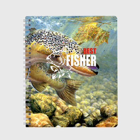 Тетрадь с принтом Лучший рыбак в Белгороде, 100% бумага | 48 листов, плотность листов — 60 г/м2, плотность картонной обложки — 250 г/м2. Листы скреплены сбоку удобной пружинной спиралью. Уголки страниц и обложки скругленные. Цвет линий — светло-серый
 | Тематика изображения на принте: best fisherman | bottom | bubbles | fish | fishing | leaf | maple | rays | river | stones | sturgeon | water | вода | дно | камни | кленовый | лист | лучи | лучший | осетр | пузыри | река | рыба | рыбак | рыбалка