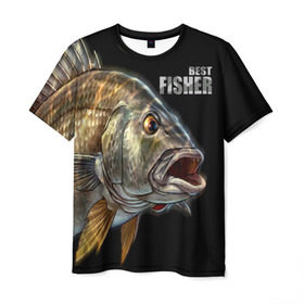 Мужская футболка 3D с принтом Лучший рыбак в Белгороде, 100% полиэфир | прямой крой, круглый вырез горловины, длина до линии бедер | Тематика изображения на принте: background | best fisherman | black | fish | fishing | лучший рыбак | рыба | рыбалка | фон | черный
