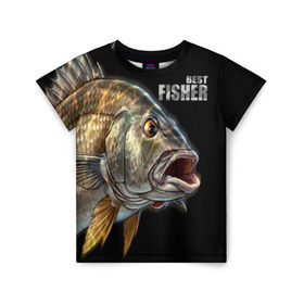 Детская футболка 3D с принтом Лучший рыбак в Белгороде, 100% гипоаллергенный полиэфир | прямой крой, круглый вырез горловины, длина до линии бедер, чуть спущенное плечо, ткань немного тянется | background | best fisherman | black | fish | fishing | лучший рыбак | рыба | рыбалка | фон | черный