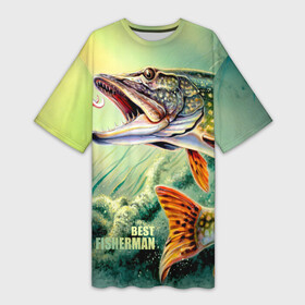 Платье-футболка 3D с принтом Лучший рыбак в Белгороде,  |  | bait | best fisherman | driftwood | fish | fishing | hook | pike | river bottom | water | вода | дно | коряга | крючок | лучший рыбак | наживка | река | рыба | рыбалка | щука