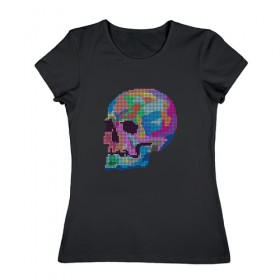 Женская футболка хлопок с принтом Psychedelic skull в Белгороде, 100% хлопок | прямой крой, круглый вырез горловины, длина до линии бедер, слегка спущенное плечо | пиксельный | разноцветный | точечный | череп
