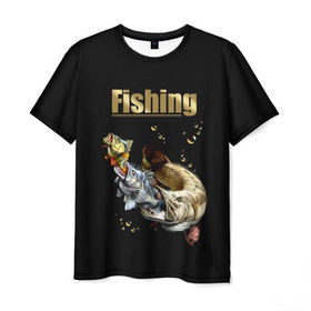 Мужская футболка 3D с принтом Рыбалка в Белгороде, 100% полиэфир | прямой крой, круглый вырез горловины, длина до линии бедер | background | black | bubbles | depth | fish | fishing | food | predators | sacrifice | water | вода | глубина | еда | жертва | охота | пузыри | рыбалка | рыбы | фон | хищники | черный