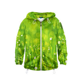 Детская ветровка 3D с принтом Роса на траве в Белгороде, 100% полиэстер | подол и капюшон оформлены резинкой с фиксаторами, по бокам два кармана без застежек, один потайной карман на груди | зелёный | зелень | луг | роса | яркий