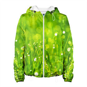 Женская куртка 3D с принтом Роса на траве в Белгороде, ткань верха — 100% полиэстер, подклад — флис | прямой крой, подол и капюшон оформлены резинкой с фиксаторами, два кармана без застежек по бокам, один большой потайной карман на груди. Карман на груди застегивается на липучку | зелёный | зелень | луг | роса | яркий