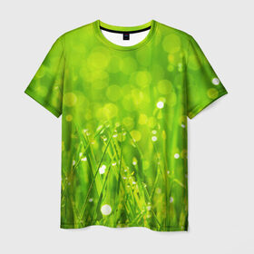 Мужская футболка 3D с принтом Роса на траве в Белгороде, 100% полиэфир | прямой крой, круглый вырез горловины, длина до линии бедер | зелёный | зелень | луг | роса | яркий