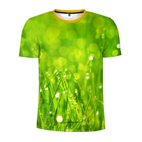 Мужская футболка 3D спортивная с принтом Роса на траве в Белгороде, 100% полиэстер с улучшенными характеристиками | приталенный силуэт, круглая горловина, широкие плечи, сужается к линии бедра | зелёный | зелень | луг | роса | яркий