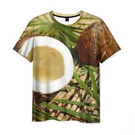 Мужская футболка 3D с принтом Кокос в Белгороде, 100% полиэфир | прямой крой, круглый вырез горловины, длина до линии бедер | бамбук | белый | еда | зеленый | кокос | лето | листья | орех | природа | продукты