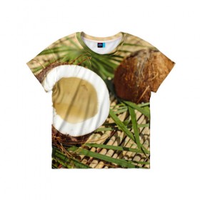 Детская футболка 3D с принтом Кокос в Белгороде, 100% гипоаллергенный полиэфир | прямой крой, круглый вырез горловины, длина до линии бедер, чуть спущенное плечо, ткань немного тянется | Тематика изображения на принте: бамбук | белый | еда | зеленый | кокос | лето | листья | орех | природа | продукты