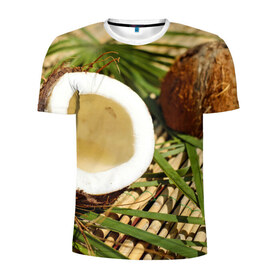Мужская футболка 3D спортивная с принтом Кокос в Белгороде, 100% полиэстер с улучшенными характеристиками | приталенный силуэт, круглая горловина, широкие плечи, сужается к линии бедра | бамбук | белый | еда | зеленый | кокос | лето | листья | орех | природа | продукты