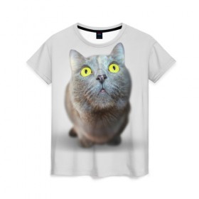 Женская футболка 3D с принтом Удивлённый кот в Белгороде, 100% полиэфир ( синтетическое хлопкоподобное полотно) | прямой крой, круглый вырез горловины, длина до линии бедер | киска | кот | кошка