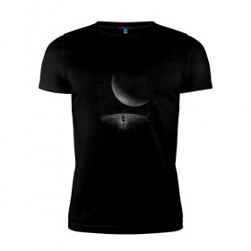 Мужская футболка премиум с принтом Иные миры в Белгороде, 92% хлопок, 8% лайкра | приталенный силуэт, круглый вырез ворота, длина до линии бедра, короткий рукав | космос | луна | планета | черно белое