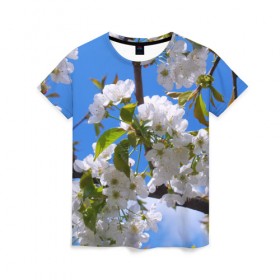 Женская футболка 3D с принтом Вишнёвый цвет в Белгороде, 100% полиэфир ( синтетическое хлопкоподобное полотно) | прямой крой, круглый вырез горловины, длина до линии бедер | весна | вишня | лепестки | прикольные картинки | цветение | цветы