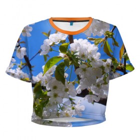 Женская футболка 3D укороченная с принтом Вишнёвый цвет в Белгороде, 100% полиэстер | круглая горловина, длина футболки до линии талии, рукава с отворотами | весна | вишня | лепестки | прикольные картинки | цветение | цветы