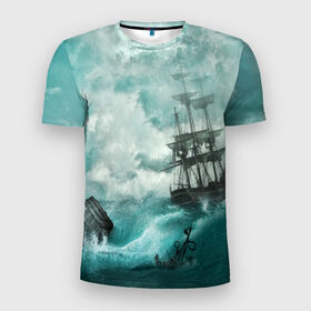 Мужская футболка 3D спортивная с принтом Море в Белгороде, 100% полиэстер с улучшенными характеристиками | приталенный силуэт, круглая горловина, широкие плечи, сужается к линии бедра | бочка | вода | волны | корабль | море | небо | новые | облака | океан | природа | шторм | якорь