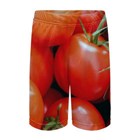 Детские спортивные шорты 3D с принтом Томаты в Белгороде,  100% полиэстер
 | пояс оформлен широкой мягкой резинкой, ткань тянется
 | Тематика изображения на принте: дача | еда | зелень | красный | овощи | огород | помидоры | томаты