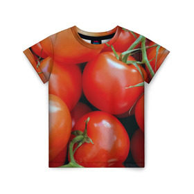 Детская футболка 3D с принтом Томаты в Белгороде, 100% гипоаллергенный полиэфир | прямой крой, круглый вырез горловины, длина до линии бедер, чуть спущенное плечо, ткань немного тянется | Тематика изображения на принте: дача | еда | зелень | красный | овощи | огород | помидоры | томаты