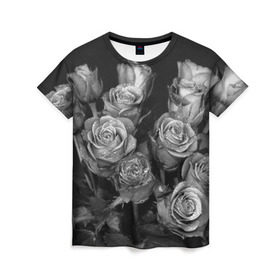 Женская футболка 3D с принтом Черно-белые розы в Белгороде, 100% полиэфир ( синтетическое хлопкоподобное полотно) | прямой крой, круглый вырез горловины, длина до линии бедер | букет | цветы