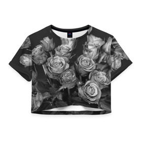 Женская футболка 3D укороченная с принтом Черно-белые розы в Белгороде, 100% полиэстер | круглая горловина, длина футболки до линии талии, рукава с отворотами | букет | цветы