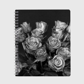 Тетрадь с принтом Черно-белые розы в Белгороде, 100% бумага | 48 листов, плотность листов — 60 г/м2, плотность картонной обложки — 250 г/м2. Листы скреплены сбоку удобной пружинной спиралью. Уголки страниц и обложки скругленные. Цвет линий — светло-серый
 | Тематика изображения на принте: букет | цветы