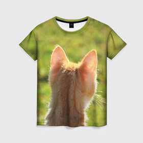 Женская футболка 3D с принтом Котенок спина в Белгороде, 100% полиэфир ( синтетическое хлопкоподобное полотно) | прямой крой, круглый вырез горловины, длина до линии бедер | животные | кот | котенок | кошка