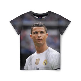 Детская футболка 3D с принтом Cristiano Ronaldo в Белгороде, 100% гипоаллергенный полиэфир | прямой крой, круглый вырез горловины, длина до линии бедер, чуть спущенное плечо, ткань немного тянется | Тематика изображения на принте: криштиану роналду | реал мадрид