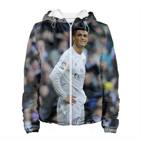 Женская куртка 3D с принтом Cristiano Ronaldo в Белгороде, ткань верха — 100% полиэстер, подклад — флис | прямой крой, подол и капюшон оформлены резинкой с фиксаторами, два кармана без застежек по бокам, один большой потайной карман на груди. Карман на груди застегивается на липучку | криштиану роналду | реал мадрид