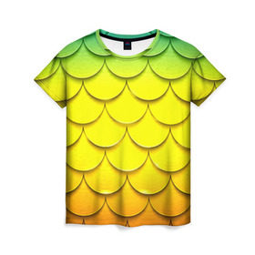 Женская футболка 3D с принтом Волны в Белгороде, 100% полиэфир ( синтетическое хлопкоподобное полотно) | прямой крой, круглый вырез горловины, длина до линии бедер | желтый | паттерн | чешуя