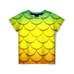 Детская футболка 3D с принтом Волны в Белгороде, 100% гипоаллергенный полиэфир | прямой крой, круглый вырез горловины, длина до линии бедер, чуть спущенное плечо, ткань немного тянется | желтый | паттерн | чешуя