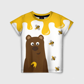Детская футболка 3D с принтом Медведь в мёде в Белгороде, 100% гипоаллергенный полиэфир | прямой крой, круглый вырез горловины, длина до линии бедер, чуть спущенное плечо, ткань немного тянется | мёд | медведь | миша | пчелы