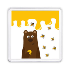 Магнит 55*55 с принтом Медведь в мёде в Белгороде, Пластик | Размер: 65*65 мм; Размер печати: 55*55 мм | мёд | медведь | миша | пчелы