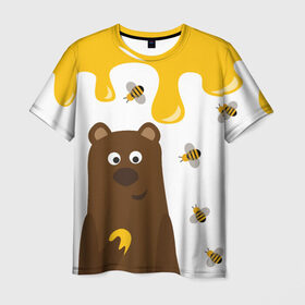Мужская футболка 3D с принтом Медведь в мёде в Белгороде, 100% полиэфир | прямой крой, круглый вырез горловины, длина до линии бедер | мёд | медведь | миша | пчелы