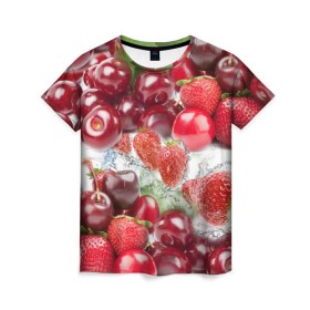 Женская футболка 3D с принтом Ягоды и брызги в Белгороде, 100% полиэфир ( синтетическое хлопкоподобное полотно) | прямой крой, круглый вырез горловины, длина до линии бедер | Тематика изображения на принте: брызги | вишня | вода | клубника | летний | лето | нежный | сочный | ягода