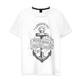 Мужская футболка хлопок с принтом Гладкое море в Белгороде, 100% хлопок | прямой крой, круглый вырез горловины, длина до линии бедер, слегка спущенное плечо. | Тематика изображения на принте: море | моряк | символы | якорь