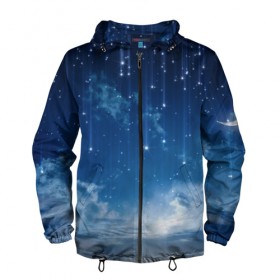 Мужская ветровка 3D с принтом Ночное небо и звёзда в Белгороде, 100% полиэстер | подол и капюшон оформлены резинкой с фиксаторами, два кармана без застежек по бокам, один потайной карман на груди | Тематика изображения на принте: звёзды | небо | ночной | облака | синий