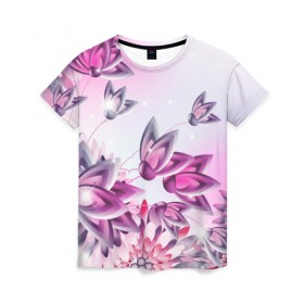 Женская футболка 3D с принтом Розовые цветы в Белгороде, 100% полиэфир ( синтетическое хлопкоподобное полотно) | прямой крой, круглый вырез горловины, длина до линии бедер | лепестки | прикольные картинки | розовый | цветочки | цветы